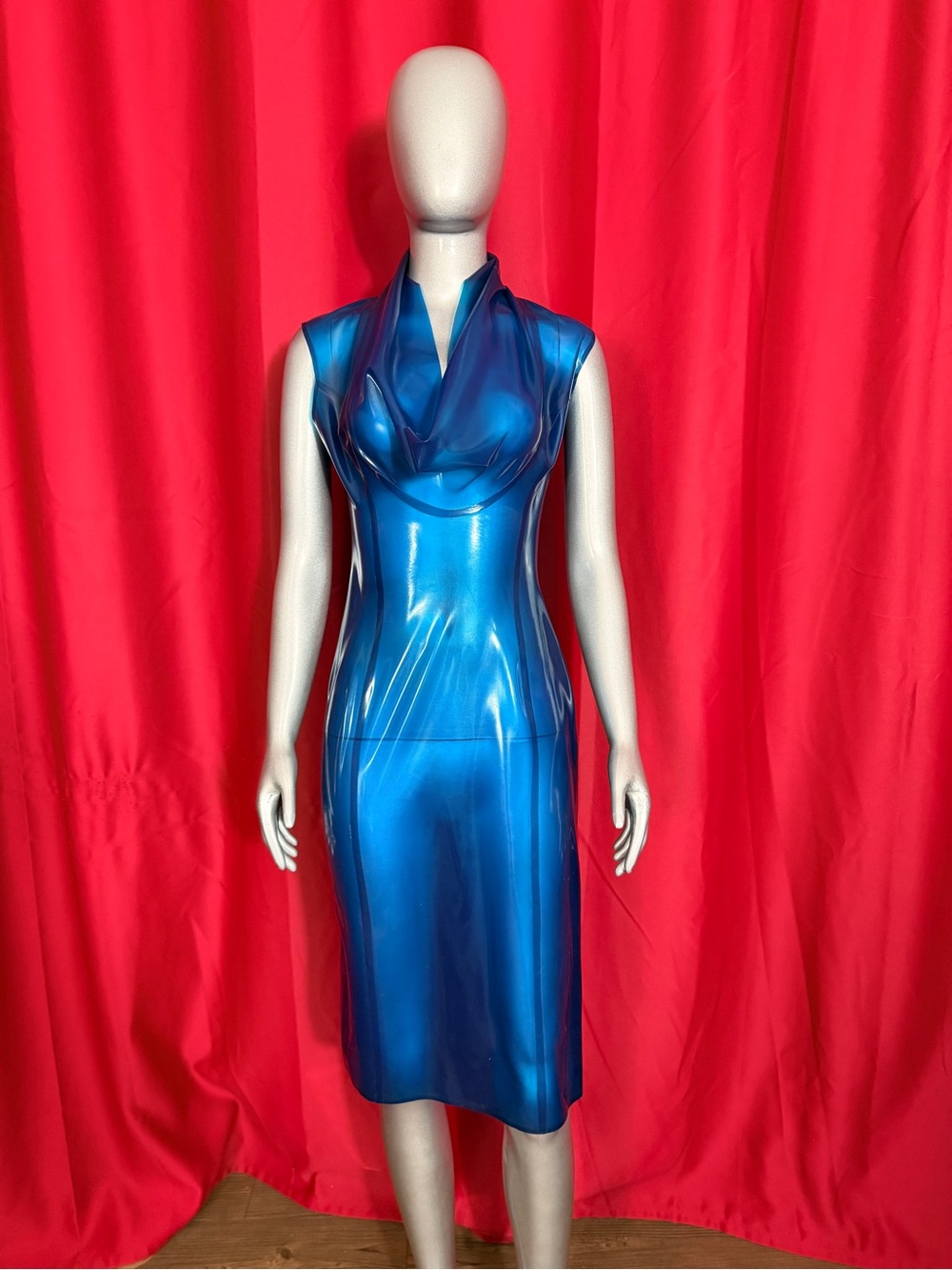 Transparent blue latex cowl neck dress size SM by Slaughter House Couture London